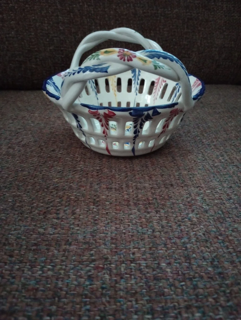 Vintage RCCL Hand Painted Ceramic Basket Bowl-Lattice Design Made In Portugal